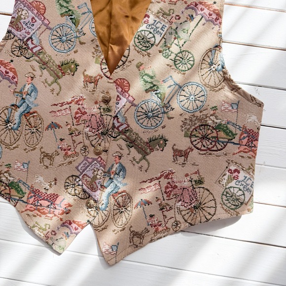 tapestry vest vtg Victorian ice cream cart novelty print‎ waistcoat size M - Picture 3 of 4